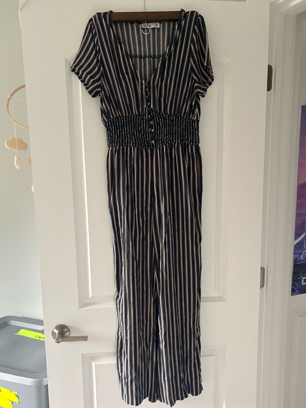 Hollister Navy and White Vertical-Stripe Smocked-Waist Jumpsuit